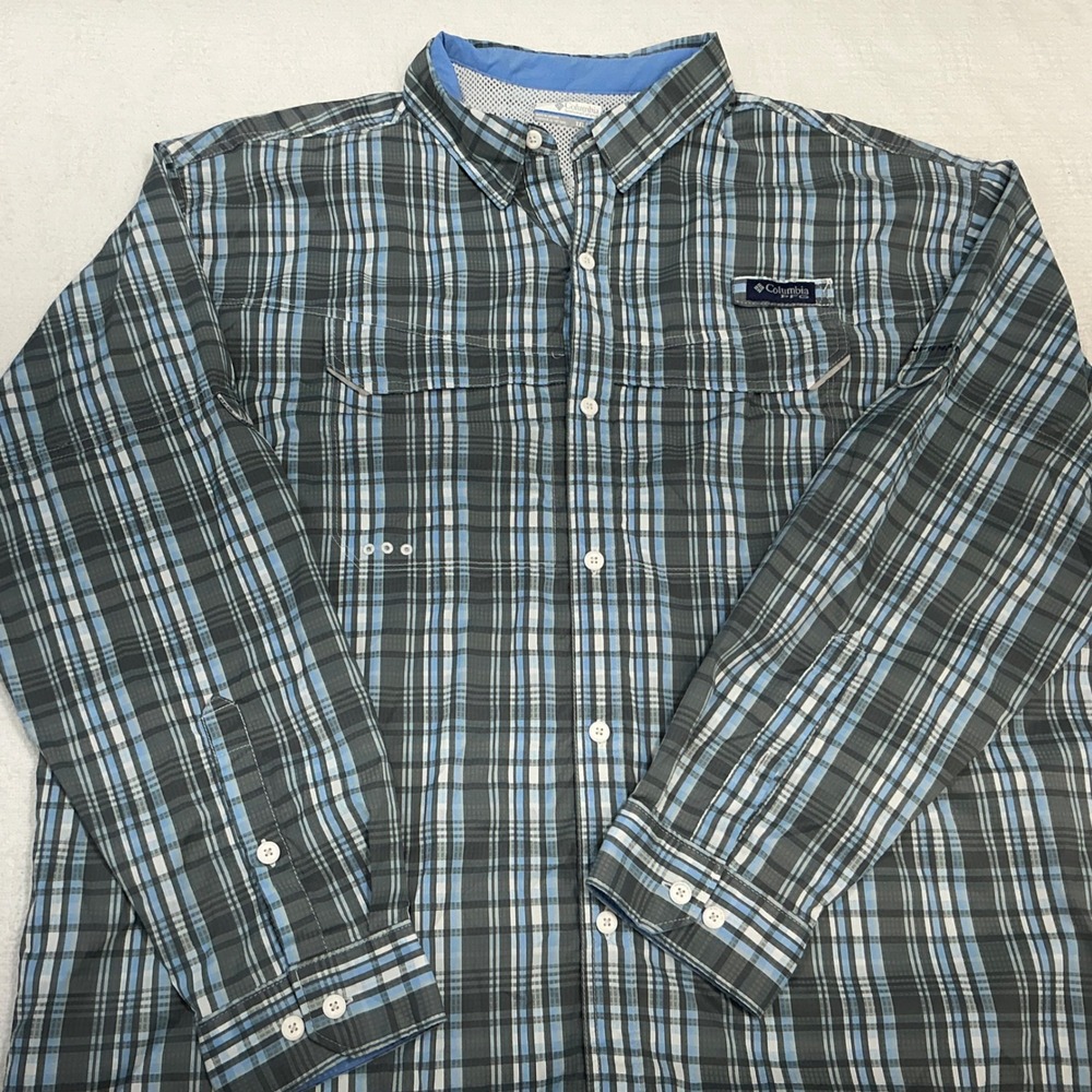 Columbia PFG Mens XXL Blue Grey Plaid Long Sleeve Button Up Fishing Shirt Vent